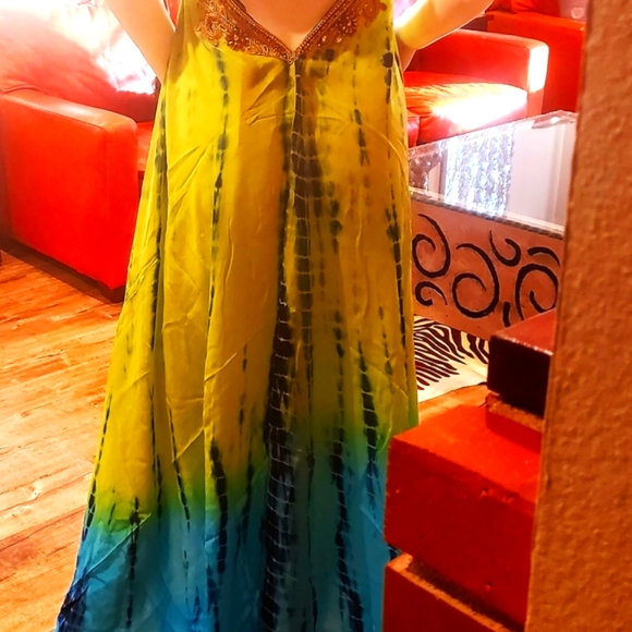 *LAST ONE*MANISH VAID- LIME Grn & Blue TIE Dye SILK Hi-Lo Cry. DRESS-NWT-O/S - Picture 9 of 9